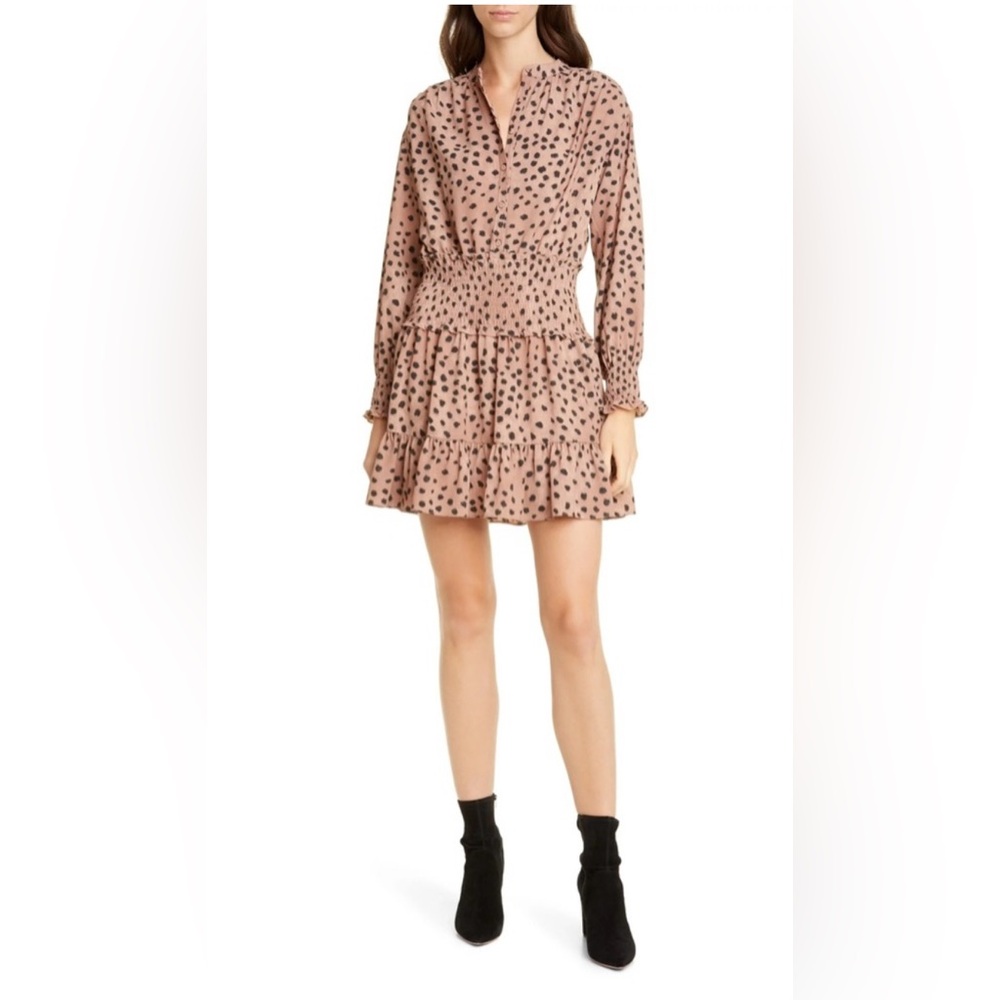 La Vie Rebecca Taylor Long Sleeve Smocked Mini Dress Animal Print Medium XS